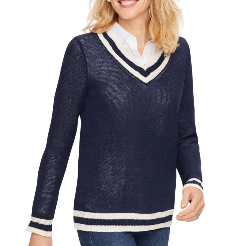 Talbots Linen Black White Tennis V Neck Sweater Preppy Sustainable Size M
